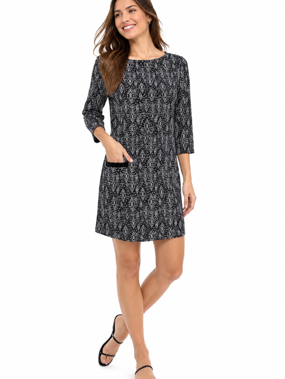 Cabana Life Harbor Shift Dress UPF 50+ Black White Geometric 3/4 Sleeve Sz S